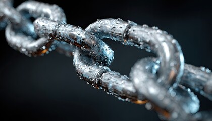 Close-up of a metal chain link, wet with water droplets