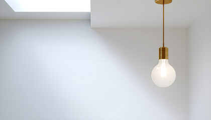 Hanging lightbulb in minimalist hallway with white walls  