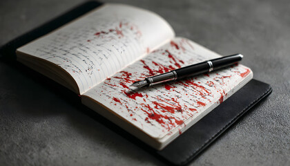 Open notebook with red ink stains and black pen on gray background  
