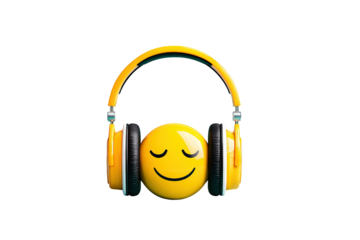 Yellow Smile Face Emoji Wearing Large Over Ear Headphones on Transparent Background
