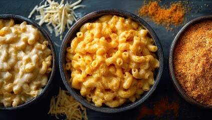 Three dark bowls of mac and cheese, one lighter, one vibrant orange, and shredded cheese and seasoning beside them on a dark surface