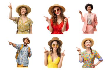 Sun-Kissed Tourists with Directional Poses: A collection of cheerful people, each donned in stylish travel attire and sun hats, engaging in directional gestures, offering a visual guide for travel.