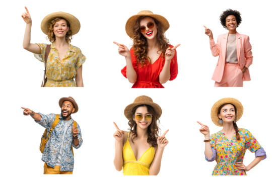 Sun-Kissed Tourists with Directional Poses: A collection of cheerful people, each donned in stylish travel attire and sun hats, engaging in directional gestures, offering a visual guide for travel.
