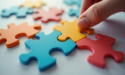 Hand placing last piece of colorful puzzle symbol of completion and success.