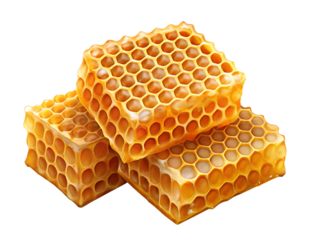 golden honeycomb with a hexagonal pattern of cells against a white background