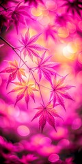 Vibrant Pink Maple Leaves Illuminated by Golden Sunlight and Bokeh Effect