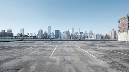 Empty Rooftop Parking Lot with City Skyline View