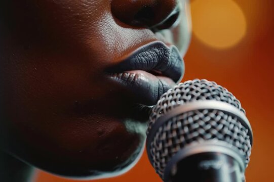 Karaoke. Closeup of black woman's lips singing into a microphone. Mouth and mic. Recording studio. Singer. Performing a song. Concert. Speaking