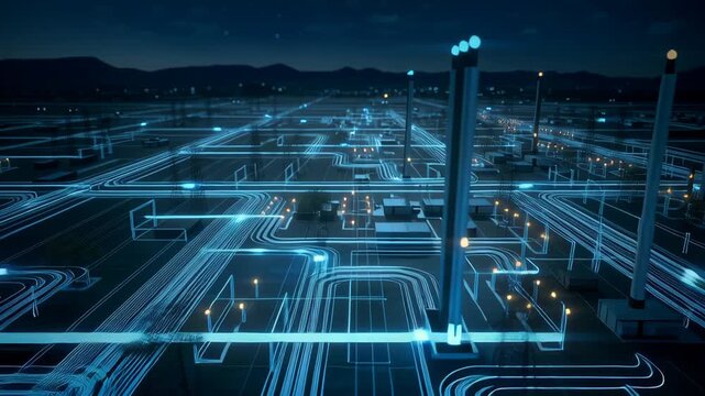 Hydrogen energy system illuminated at night with glowing blue pipelines and futuristic industrial landscape
