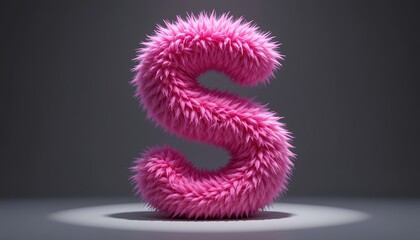 Fototapeta premium Fluffy pink letter s with soft fur texture illuminated by spotlight in dark space