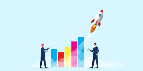 Rocket launch startup business concept illustration with diagram chart bar modern flat style. 