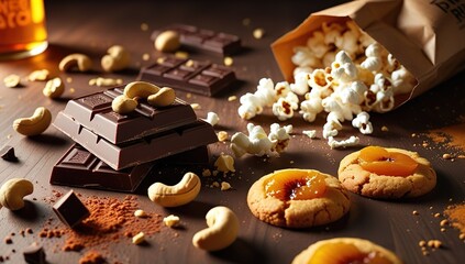 Rustic flat lay of budget snacks — dark chocolate cashew chunks, hot honey popcorn, apricot cookies, artisanal textures, cinematic warm light, cozy lifestyle food photography style
