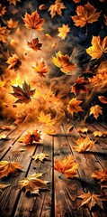 Autumn Leaves Falling on Wooden Floor in Dramatic Lighting