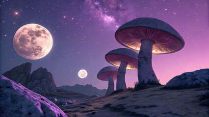 Fototapeta premium Surreal Mushroom Landscape: A captivating digital landscape showcasing surreal giant mushrooms against the backdrop of a mesmerizing night sky, illuminated by the full moon and stars.