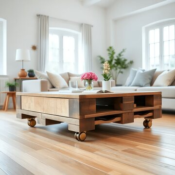 Upcycled pallet coffee table in a bright living room