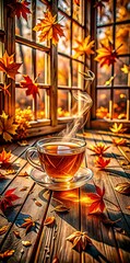 Cozy Autumn Warmth Steaming Cup of Tea by the Window Amidst Falling Leaves