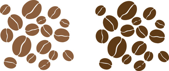 A scattering of coffee beans in two distinct groupings on white space