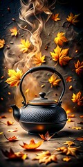 Steaming Kettle Surrounded by Autumn Leaves on a Textured Surface