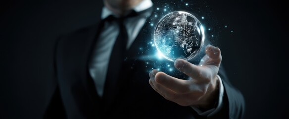 The businessman holding a glowing globe representing innovation and global connection.