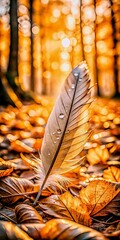 Autumn Feather With Water Droplets Nestled Amongst Fall Leaves
