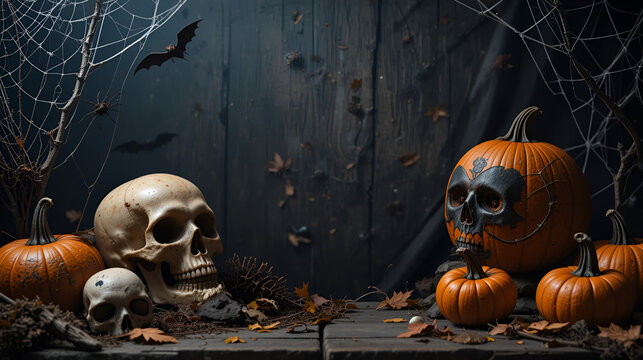Skulls, pumpkins, spider webs, and bats adorn a dark backdrop, evoking a sense of eeriness and festive Halloween spirit in this atmospheric setting._00001_