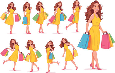 Woman shopping in yellow dress, flat vector illustration set, fashion girl holding bags, stylish character walking, running, happy shopperWoman shopping in yellow dress,