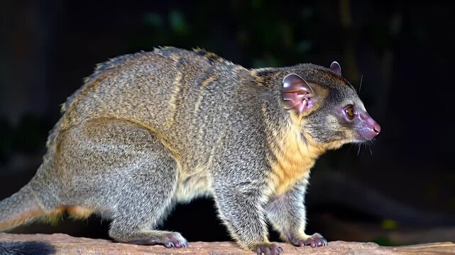 Captivating portrait of a nocturnal prosimian mammal with large eyes and furry coat, standing on a branch in a natural dark setting.