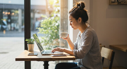 Young woman working on laptop while drinking coffee at a cafe, Asian woman enjoying a coffee break while working remotely on her laptop