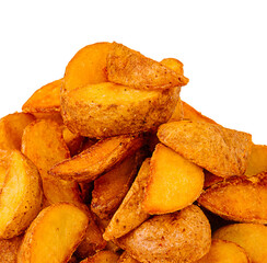 Crispy golden potato wedges stacked high on a white background