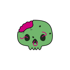 Green zombie skull illustration with cracked open head and worm.