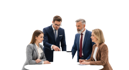 Four diverse business professionals in suits and blazers focused on charts on a sleek silver laptop at a white table in a shadowless studio, concept of corporate teamwork and analysis