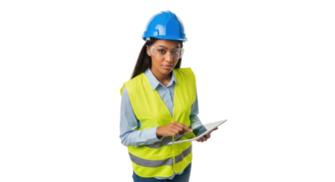 Young mixed-race woman in high-visibility yellow safety vest, blue hard hat, and safety glasses holding a digital tablet on a transparent studio background with copy space, confident female engineer - Powered by Adobe