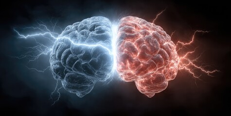 Two halves of a brain, glowing with opposing electric currents