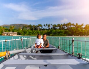Fototapeta premium Blurred image of a family on a boat