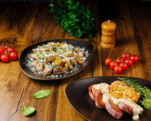 Delicious gourmet dishes featuring roasted vegetables and grilled meat