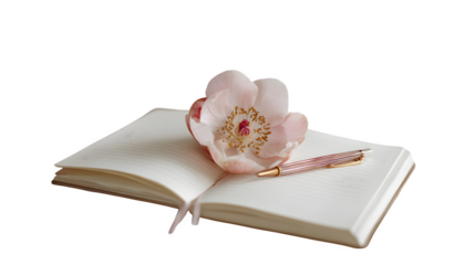 open gratitude journal with pen and flower, emotional wellness tool, transparent background