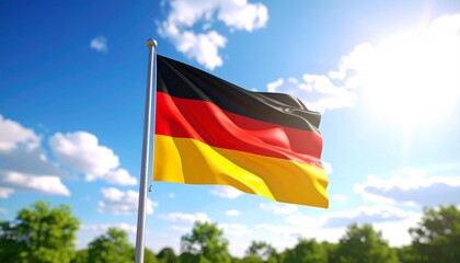 A realistic rendering of the German flag waving outdoors during a sunny day

