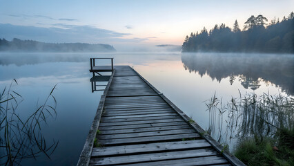 Serene Dock at Dawn: A tranquil wooden dock extends into a calm lake, mirroring the soft hues of the sunrise sky and the silhouetted trees, creating a moment of peaceful reflection and natural beauty.