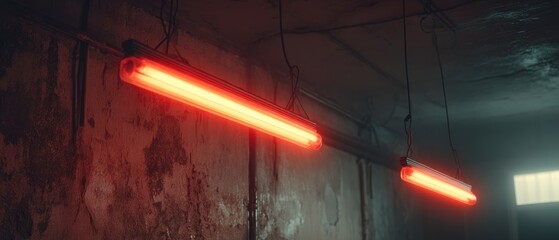 Grungy hallway with two red fluorescent lights