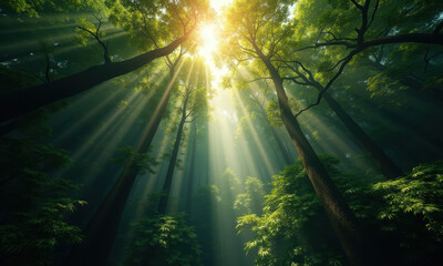 Obraz premium Sunlight Rays Through Lush Green Forest Canopy