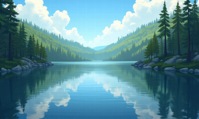 Tranquil Lake and Forest Scene with Mountain Backdrop