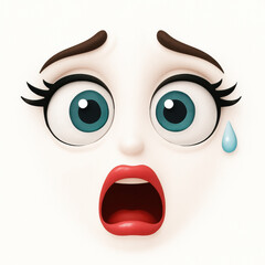 Fototapeta premium shocked cartoon emoji face with wide teal eyes crying and mouth open looking at camera with raised brows and red lips on white background concept of emotional design memes marketing content..
