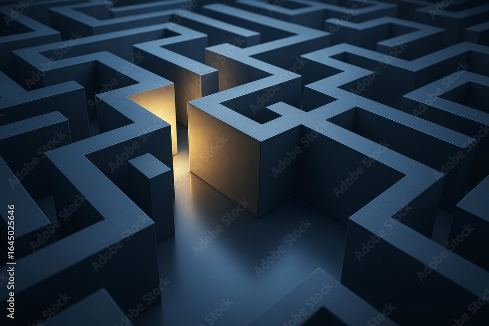 Poster dark abstract labyrinth with glowing exit symbolizing business solution and creative breakthrough on