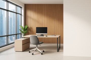 Modern minimalist business office with computer and gray chair near large windows and wood panel wall in bright interior background concept.