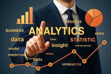 Business analytics concept with businessman interacting with data visualization elements, charts, and keywords on a dark background.