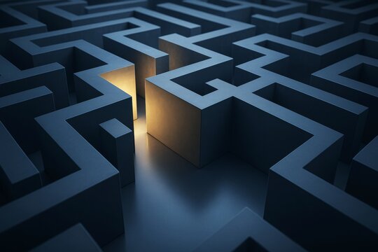 Dark abstract labyrinth with glowing exit symbolizing business solution and creative breakthrough on a mysterious background. Ai generative.