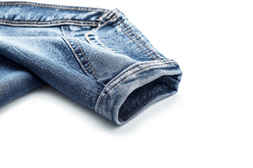 Close-up detail of textured blue denim jeans fabric with contrast stitching and folded cuff