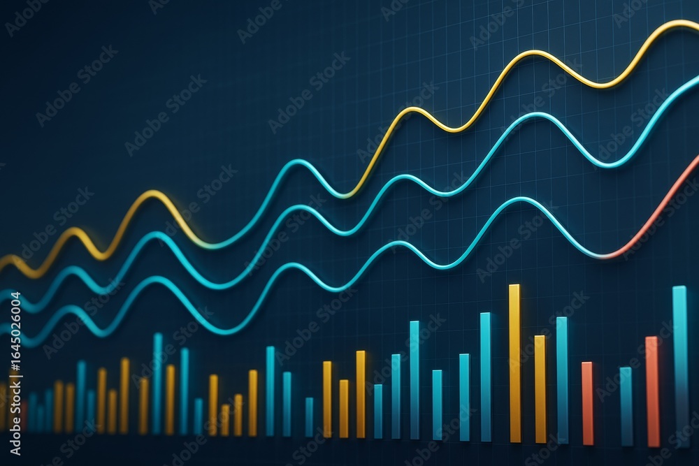 Poster colorful business data analysis chart with wavy lines and bar graphs on dark background for abstract