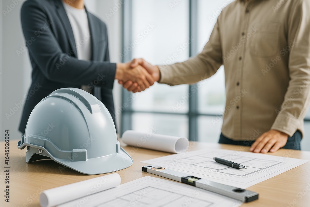 Aufkleber construction business agreement with handshake between architect and contractor in office with helme