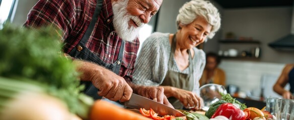 The joyful couple cooking together and preparing fresh vegetables in a cozy kitchen.